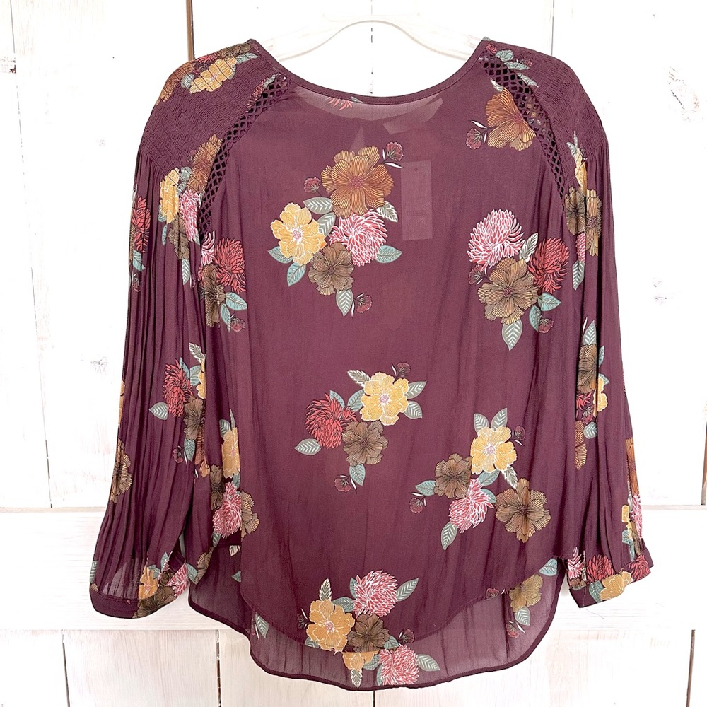 Loft Wine Floral Peasant Blouse shoulder detail and‎ pleated sleeve LARGE NWT